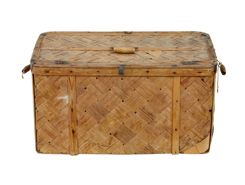 A 19th-century Swedish rectangular storage chest made from woven pine splints with a fitted hinged lid and wooden side handles. View IV