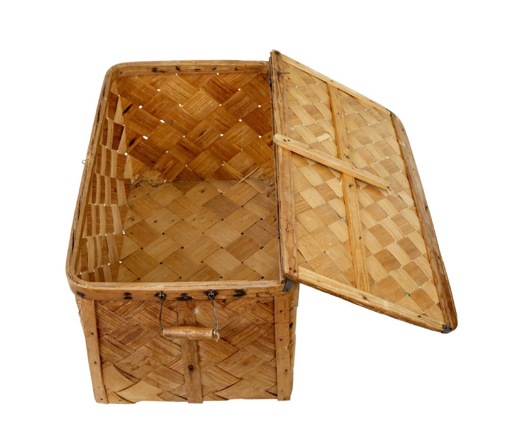 A 19th-century Swedish rectangular storage chest made from woven pine splints with a fitted hinged lid and wooden side handles. View VIII