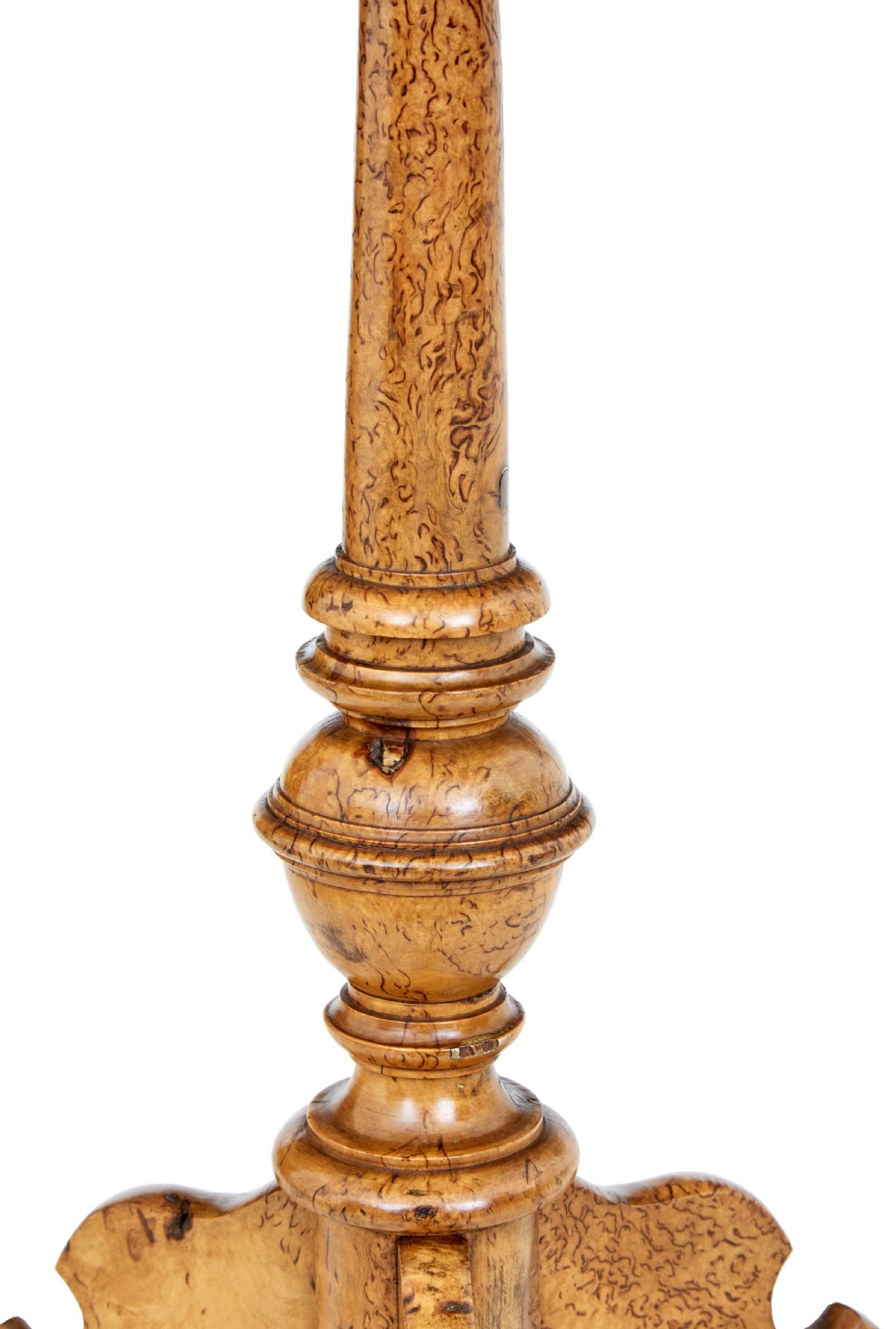 A mid-19th-century Swedish burr birch work table featuring a rectangular top, single drawer with keyhole escutcheon, turned central pedestal, and tripod legs. View III