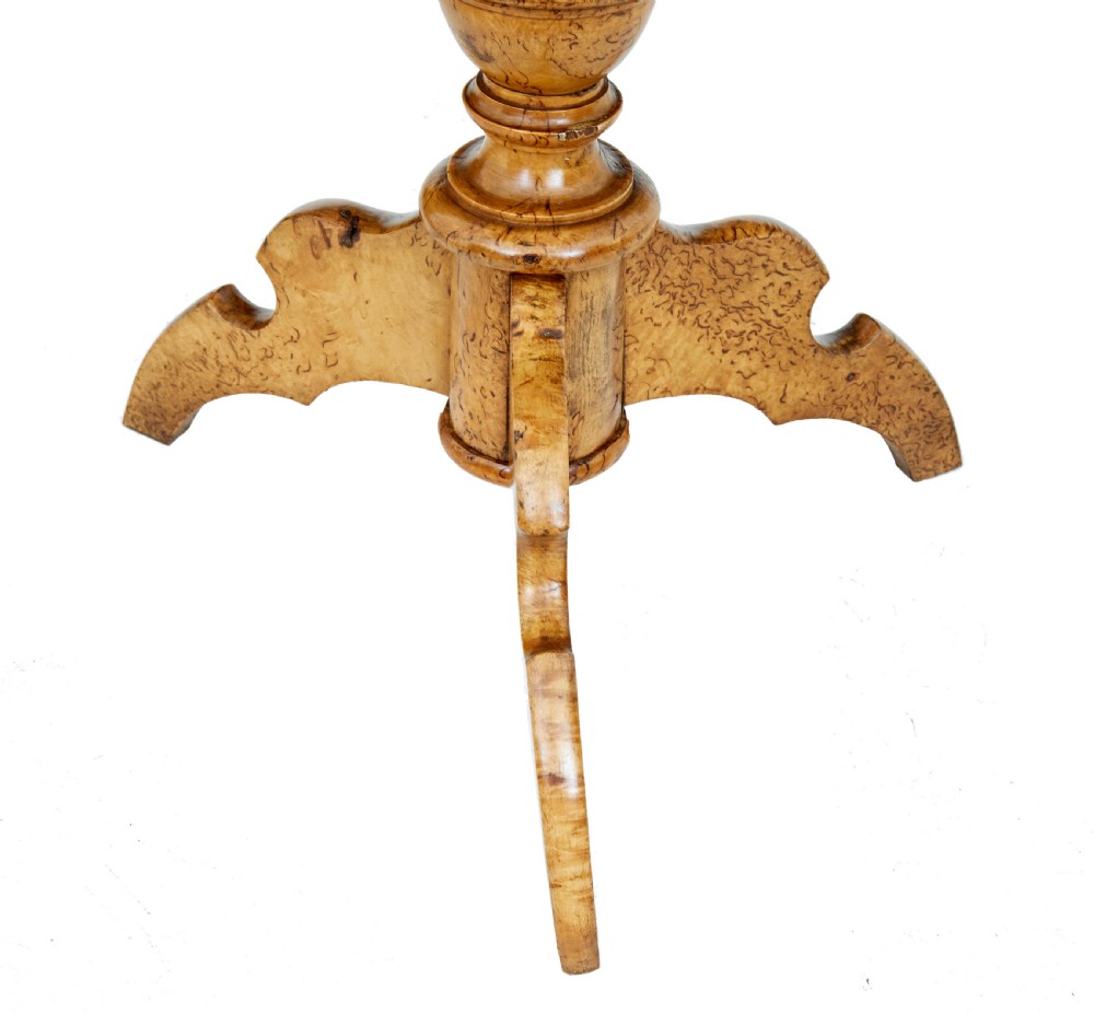 A mid-19th-century Swedish burr birch work table featuring a rectangular top, single drawer with keyhole escutcheon, turned central pedestal, and tripod legs. View IV