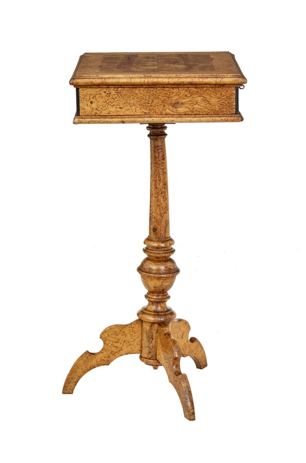 A mid-19th-century Swedish burr birch work table featuring a rectangular top, single drawer with keyhole escutcheon, turned central pedestal, and tripod legs. View VIII