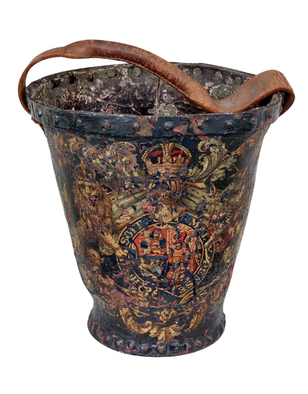 A late eighteenth-century leather fire bucket decorated with a hand-painted royal coat of arms, copper studding around the rim and base, and a thick leather handle.