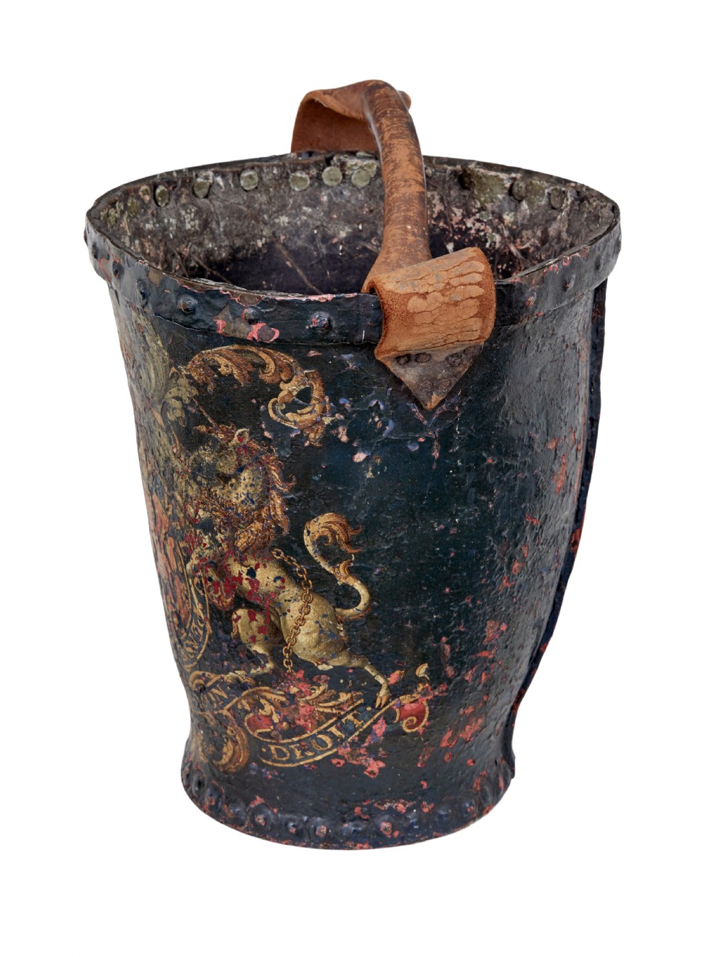 A late eighteenth-century leather fire bucket decorated with a hand-painted royal coat of arms, copper studding around the rim and base, and a thick leather handle. View II