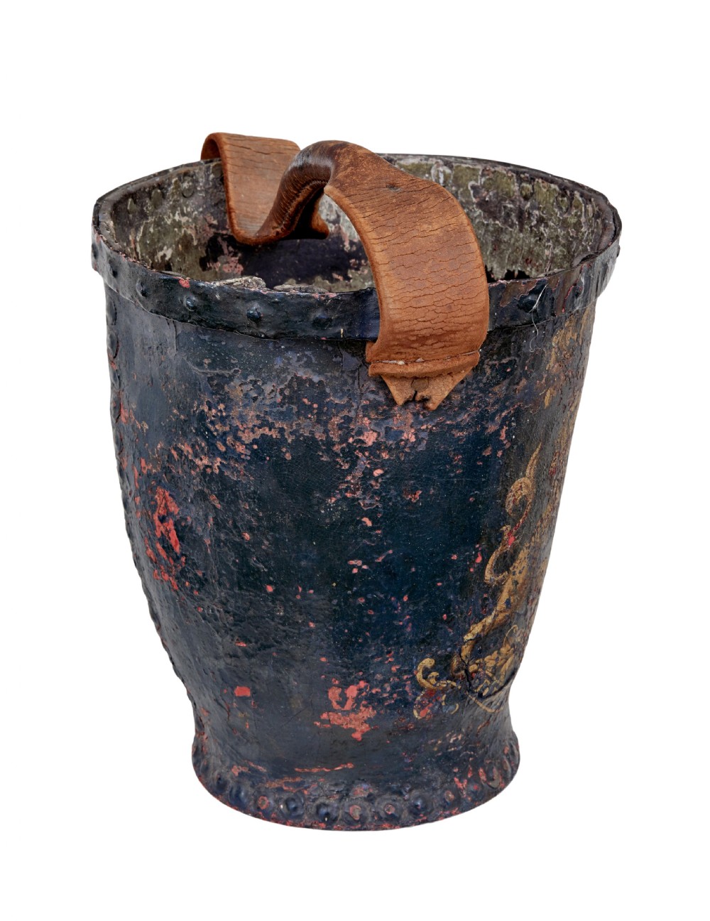 A late eighteenth-century leather fire bucket decorated with a hand-painted royal coat of arms, copper studding around the rim and base, and a thick leather handle. View V
