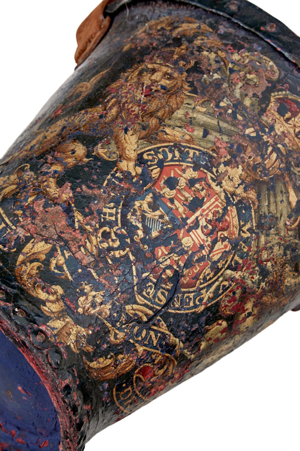 A late eighteenth-century leather fire bucket decorated with a hand-painted royal coat of arms, copper studding around the rim and base, and a thick leather handle. View VII