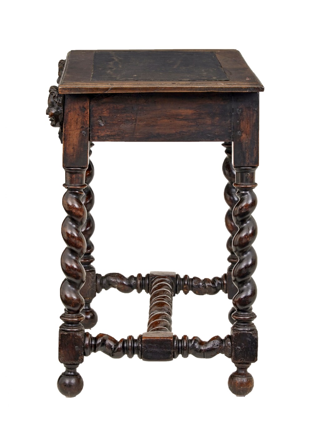 An early 19th-century Flemish carved walnut side table featuring barley twist legs, a carved frieze drawer with corner masks, and a low twist stretcher. View VIII