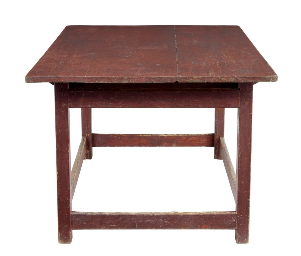 A large 19th-century Scandinavian pine table with a red-painted finish, rectangular plank top, and lower box stretcher. View VI