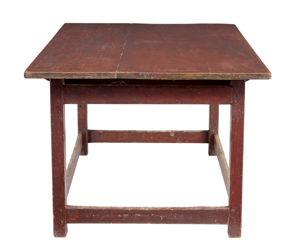 A large 19th-century Scandinavian pine table with a red-painted finish, rectangular plank top, and lower box stretcher. View VIII