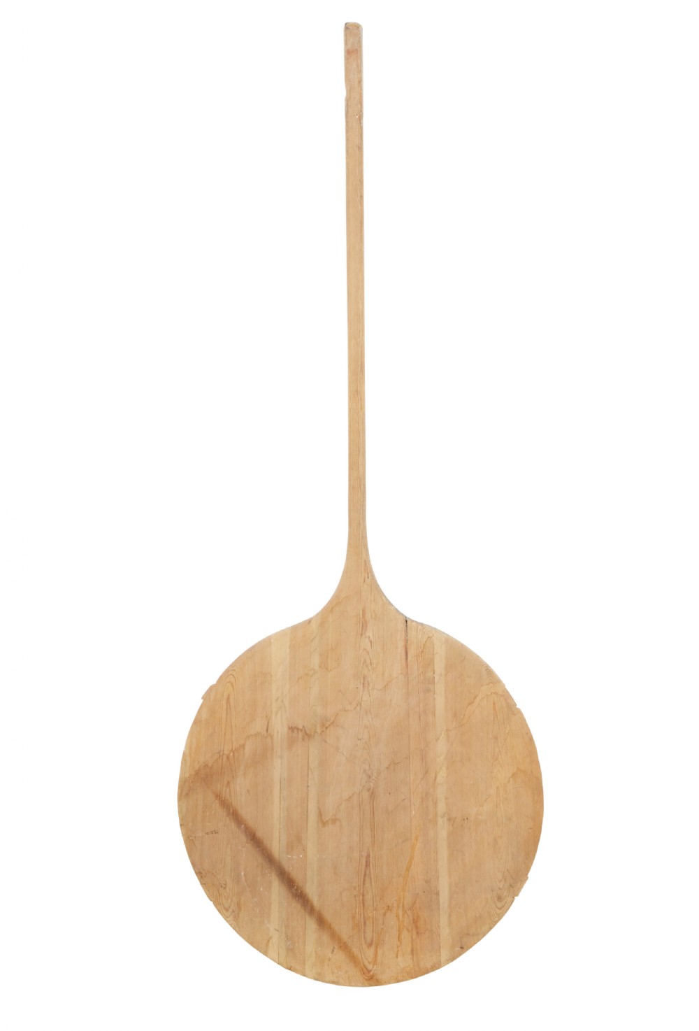 A large 19th-century Scandinavian pine baker peel with a long slender handle and a wide circular paddle head.