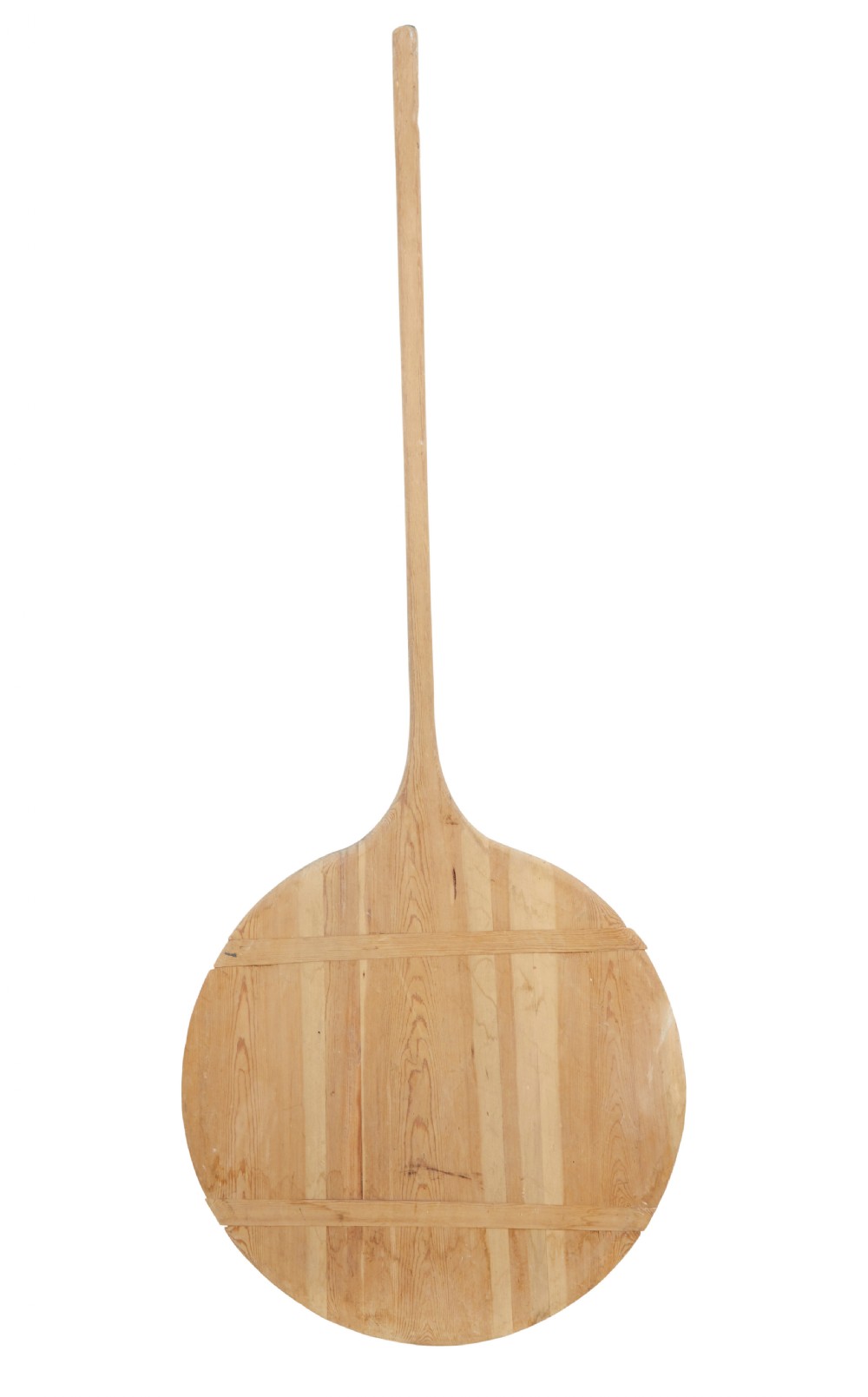 A large 19th-century Scandinavian pine baker peel with a long slender handle and a wide circular paddle head. View III