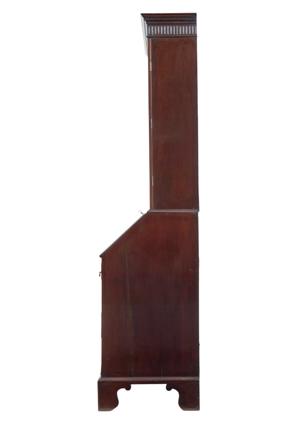 An early nineteenth-century mahogany bureau bookcase featuring upper astragal glazed doors, a slant fall-front writing section, and four graduated lower drawers. View IV