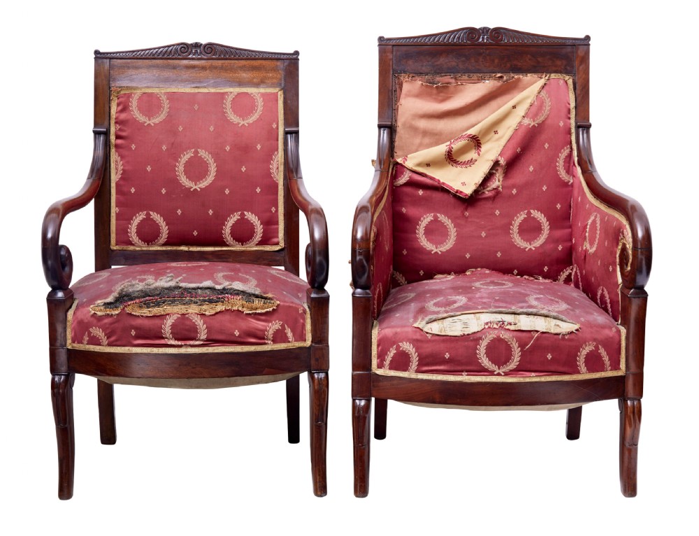 A set of four mid-19th-century Danish mahogany armchairs with scroll arms and red patterned fabric upholstery. View II