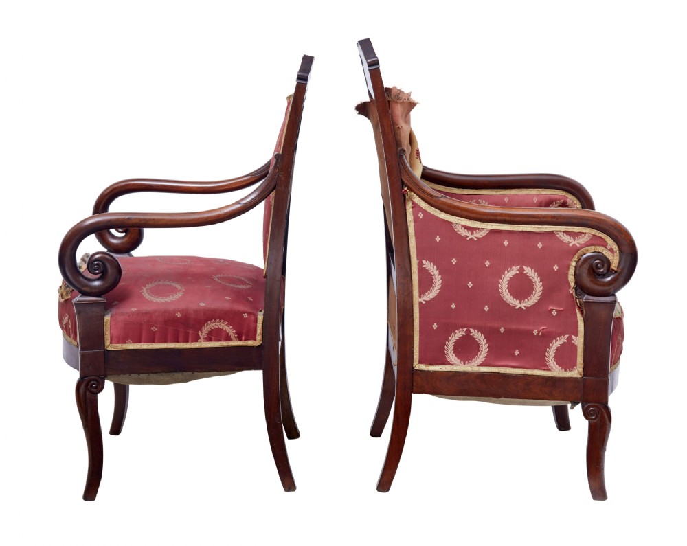 A set of four mid-19th-century Danish mahogany armchairs with scroll arms and red patterned fabric upholstery. View III