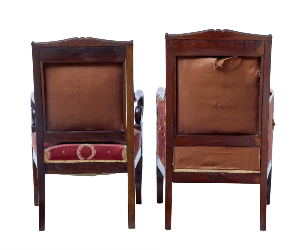A set of four mid-19th-century Danish mahogany armchairs with scroll arms and red patterned fabric upholstery. View IV