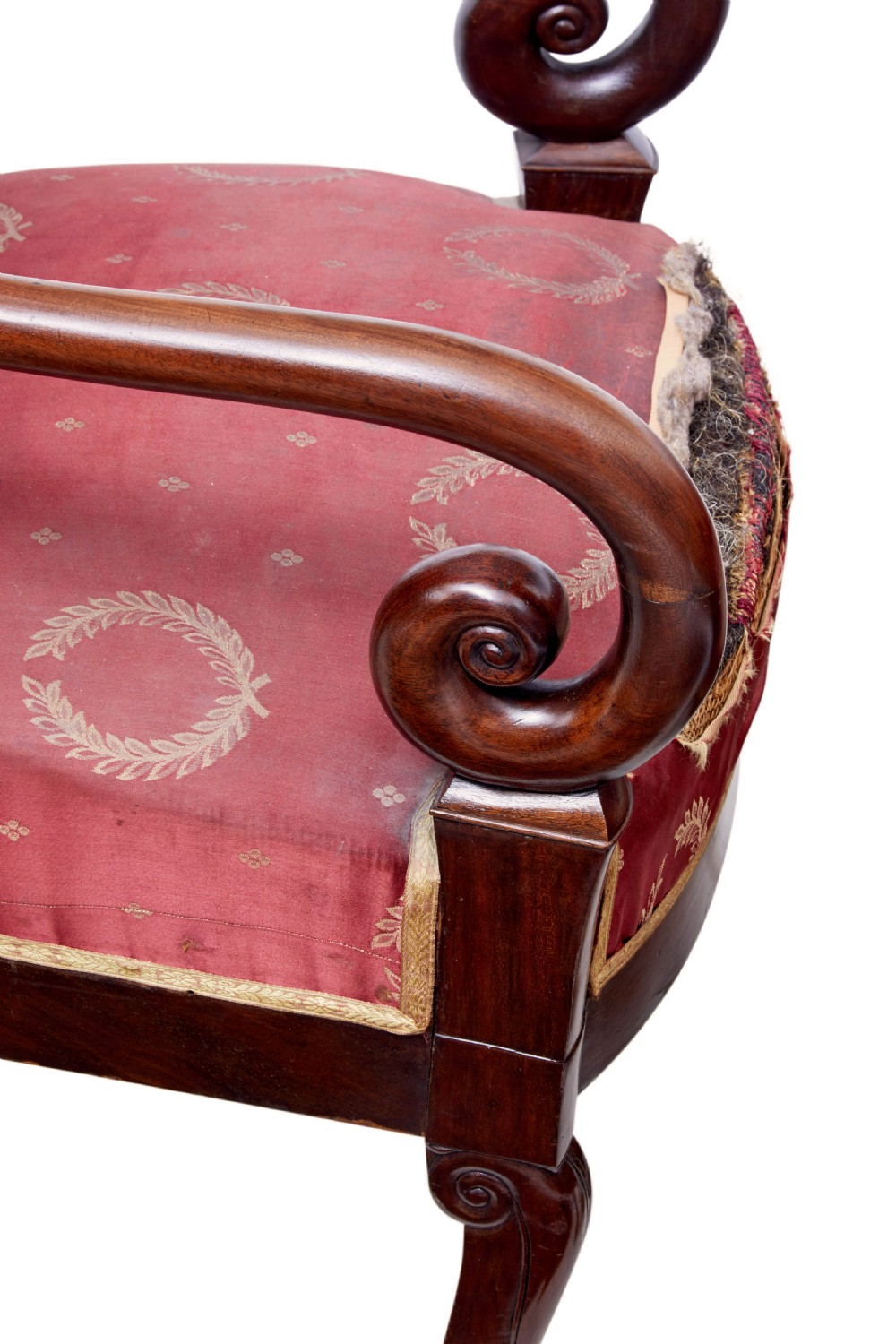 A set of four mid-19th-century Danish mahogany armchairs with scroll arms and red patterned fabric upholstery. View VI