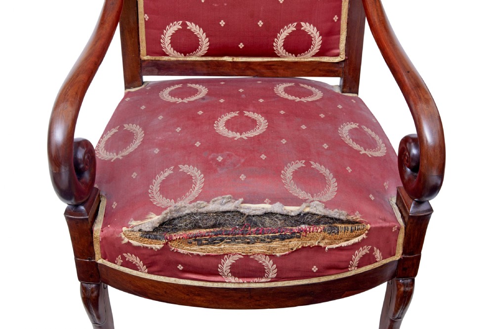 A set of four mid-19th-century Danish mahogany armchairs with scroll arms and red patterned fabric upholstery. View VIII
