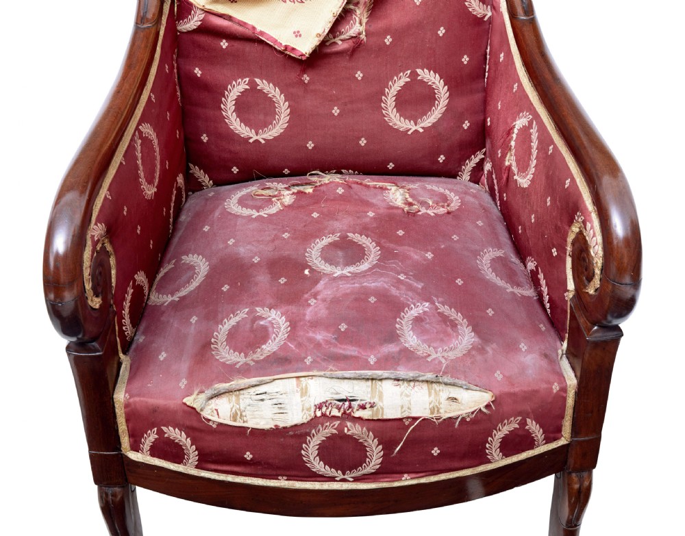 A set of four mid-19th-century Danish mahogany armchairs with scroll arms and red patterned fabric upholstery. View IX