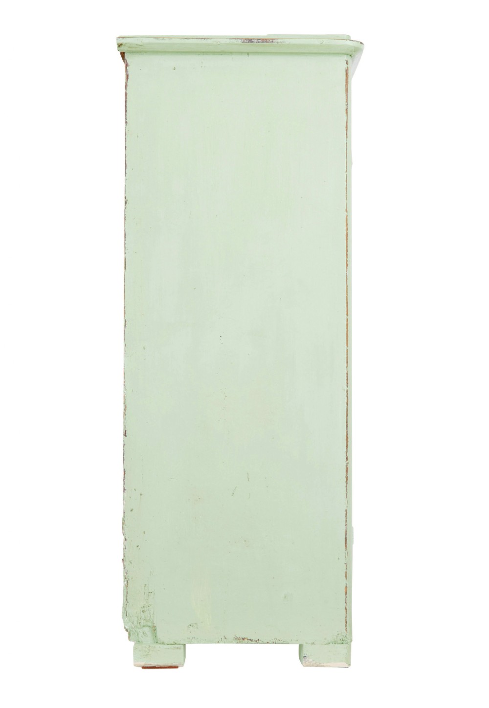 A mid-nineteenth-century Swedish pine cupboard featuring two recessed panel doors painted in distressed pale green with exposed iron hardware. View IV