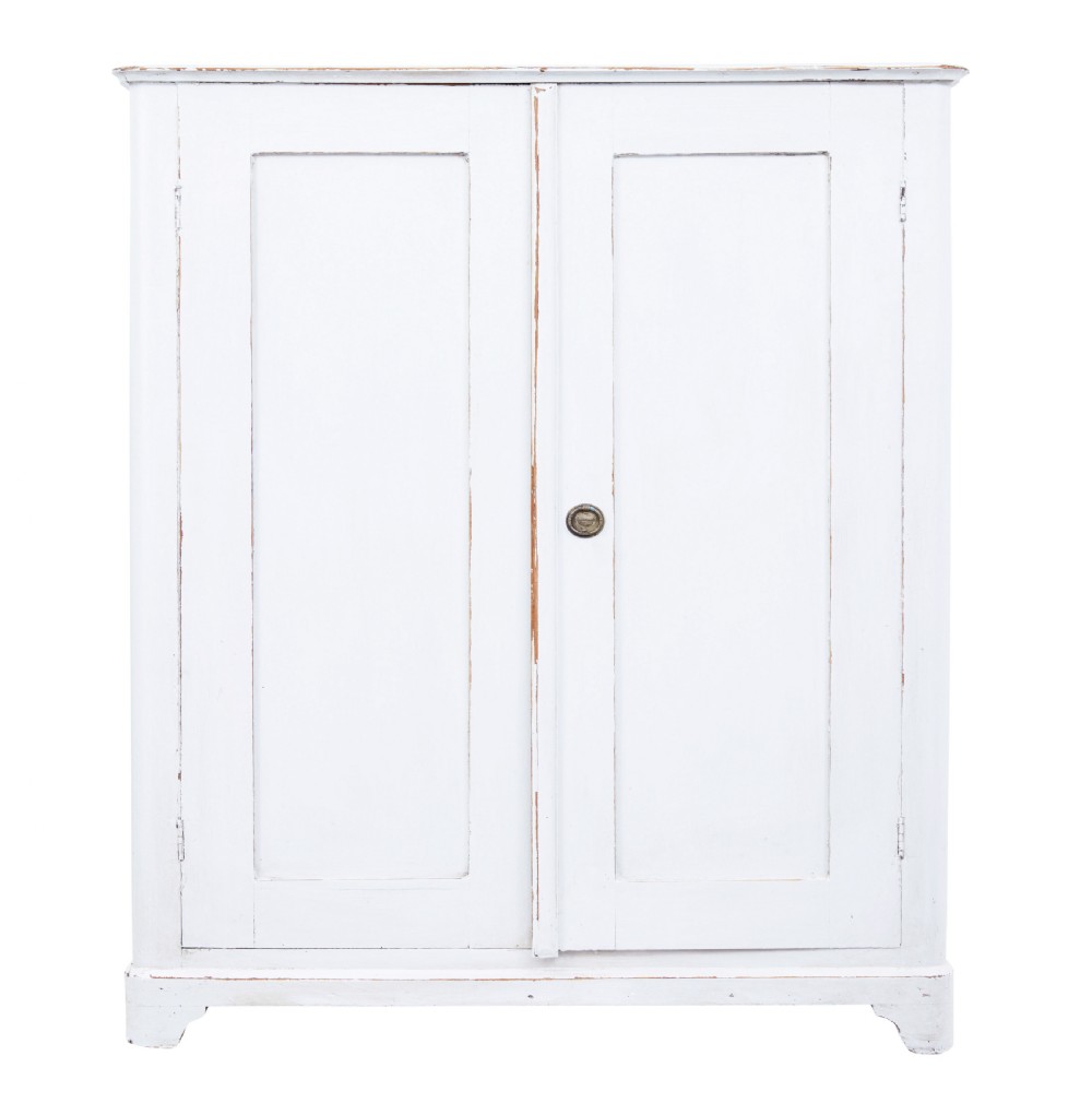 A 19th-century Swedish two-door pine cupboard finished in distressed off-white paint with a central brass knob. View II