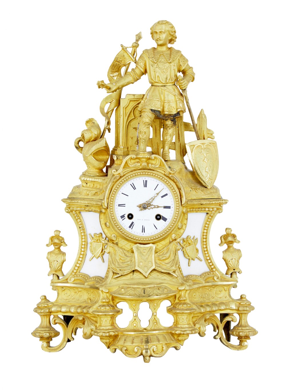 A 19th-century French gilt bronze ormolu mantel clock featuring a knight figure holding a shield and flag above a white enamel Roman numeral dial set into a scrolled base.