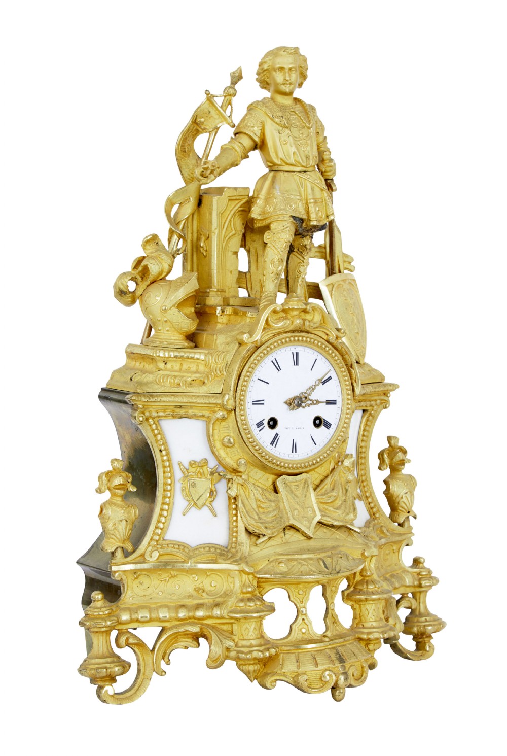 A 19th-century French gilt bronze ormolu mantel clock featuring a knight figure holding a shield and flag above a white enamel Roman numeral dial set into a scrolled base. View II