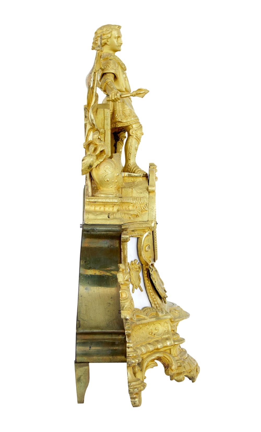 A 19th-century French gilt bronze ormolu mantel clock featuring a knight figure holding a shield and flag above a white enamel Roman numeral dial set into a scrolled base. View III