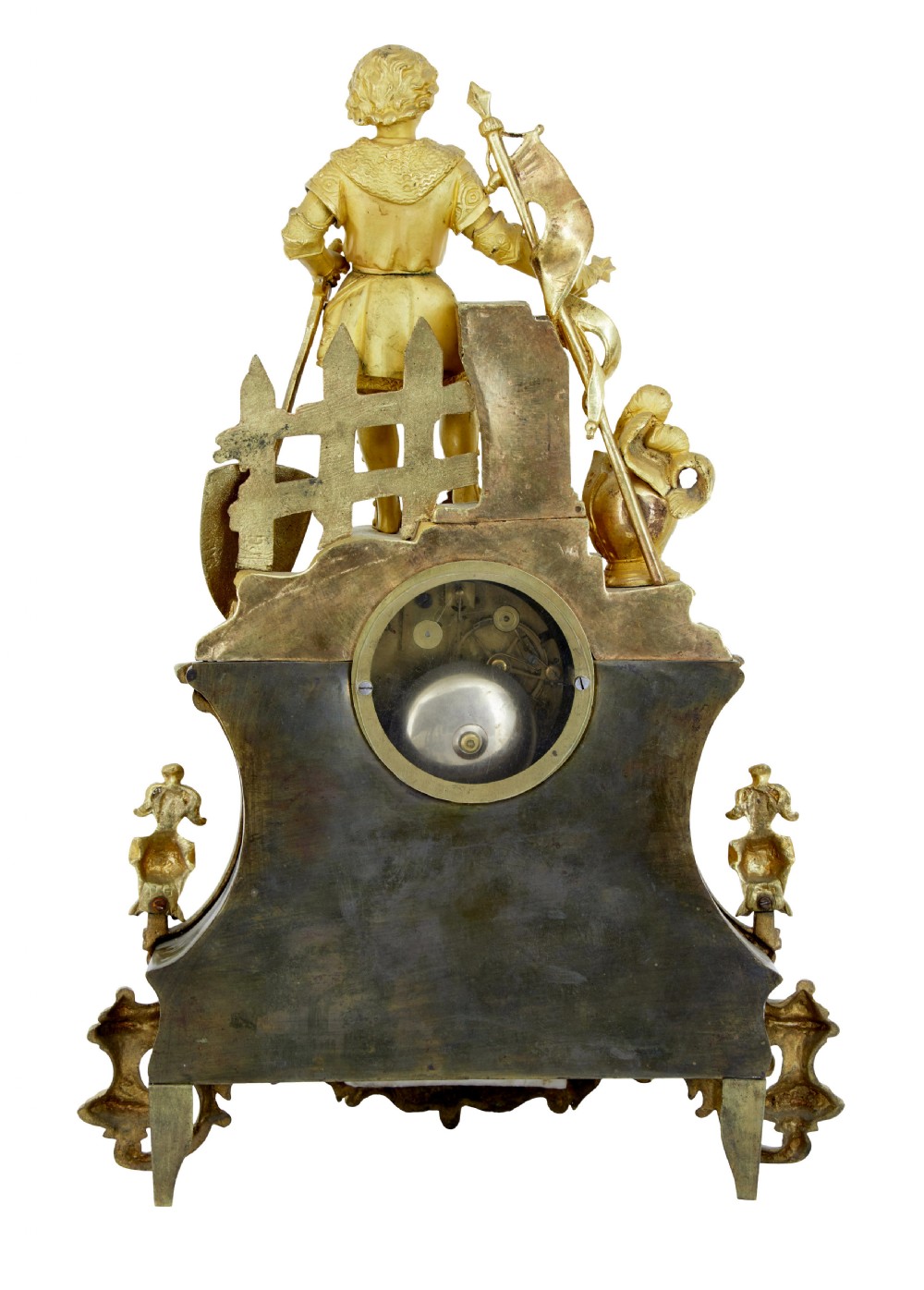 A 19th-century French gilt bronze ormolu mantel clock featuring a knight figure holding a shield and flag above a white enamel Roman numeral dial set into a scrolled base. View IV