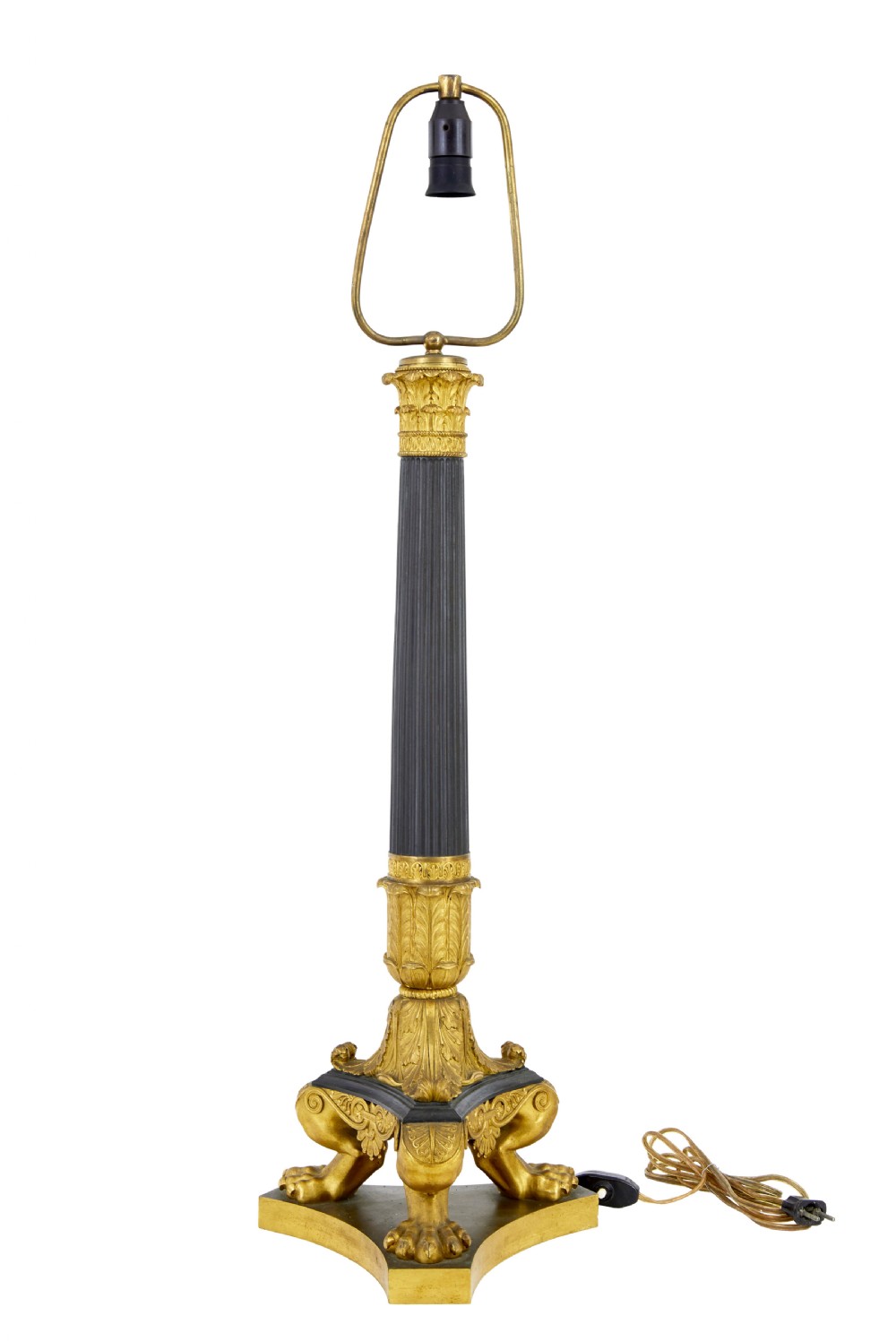 A 19th-century French Empire style table lamp featuring a fluted dark column, gilded leaf capital, tripod paw feet, and a triangular base.