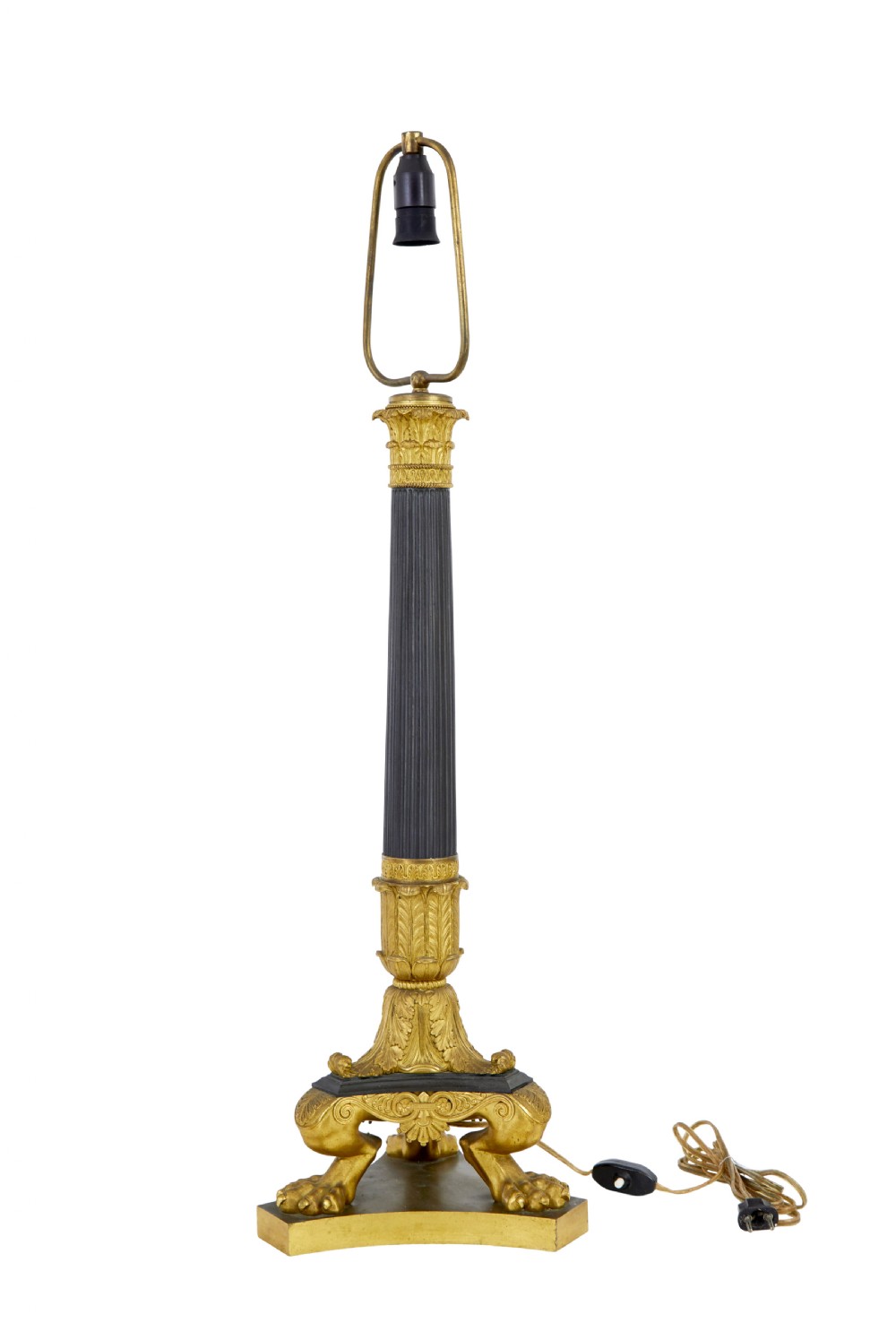 A 19th-century French Empire style table lamp featuring a fluted dark column, gilded leaf capital, tripod paw feet, and a triangular base. View II