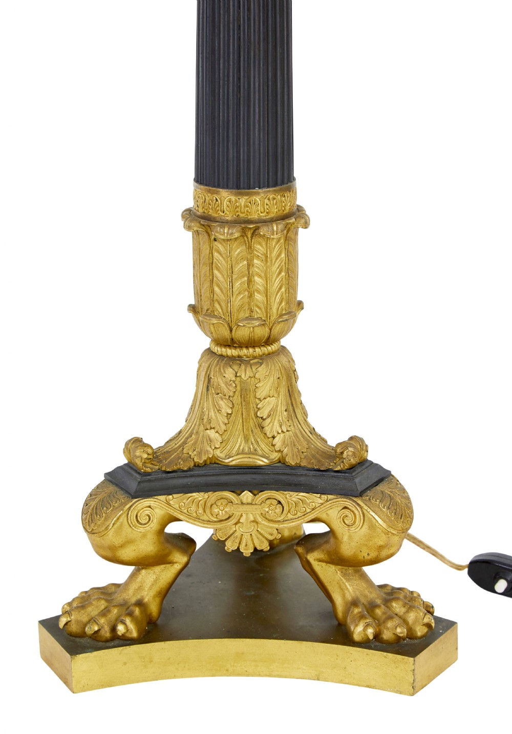 A 19th-century French Empire style table lamp featuring a fluted dark column, gilded leaf capital, tripod paw feet, and a triangular base. View III