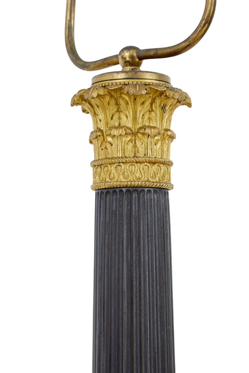 A 19th-century French Empire style table lamp featuring a fluted dark column, gilded leaf capital, tripod paw feet, and a triangular base. View V
