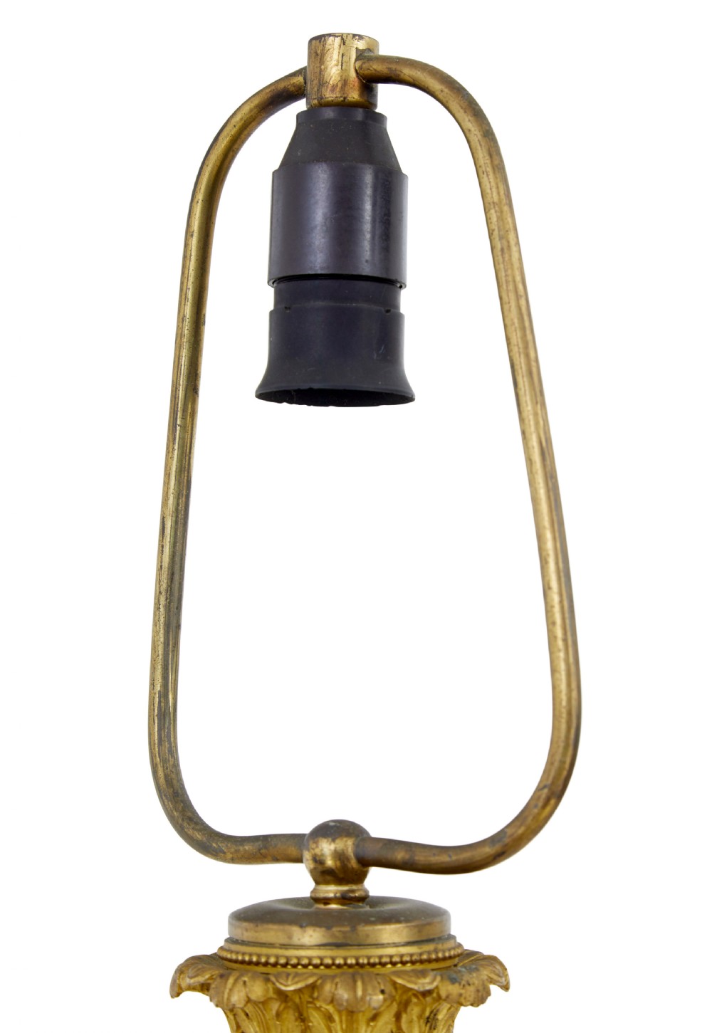 A 19th-century French Empire style table lamp featuring a fluted dark column, gilded leaf capital, tripod paw feet, and a triangular base. View VI