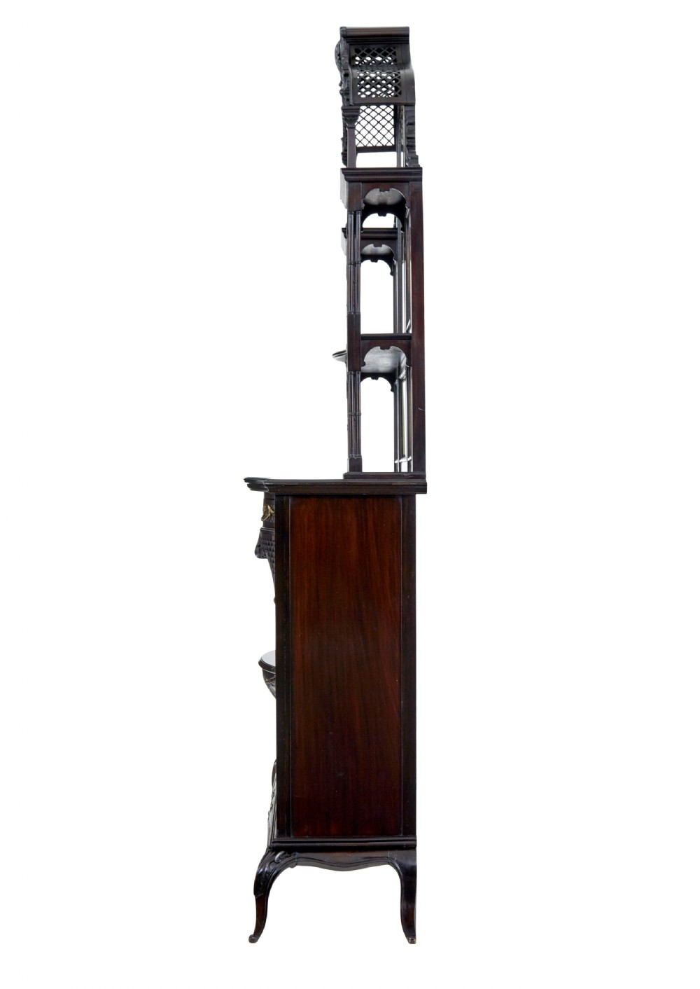 An Edwardian Chippendale Revival dark mahogany display cabinet featuring a multi-paneled mirrored upper section, carved crest, fretwork, and glazed side doors on cabriole legs. View III