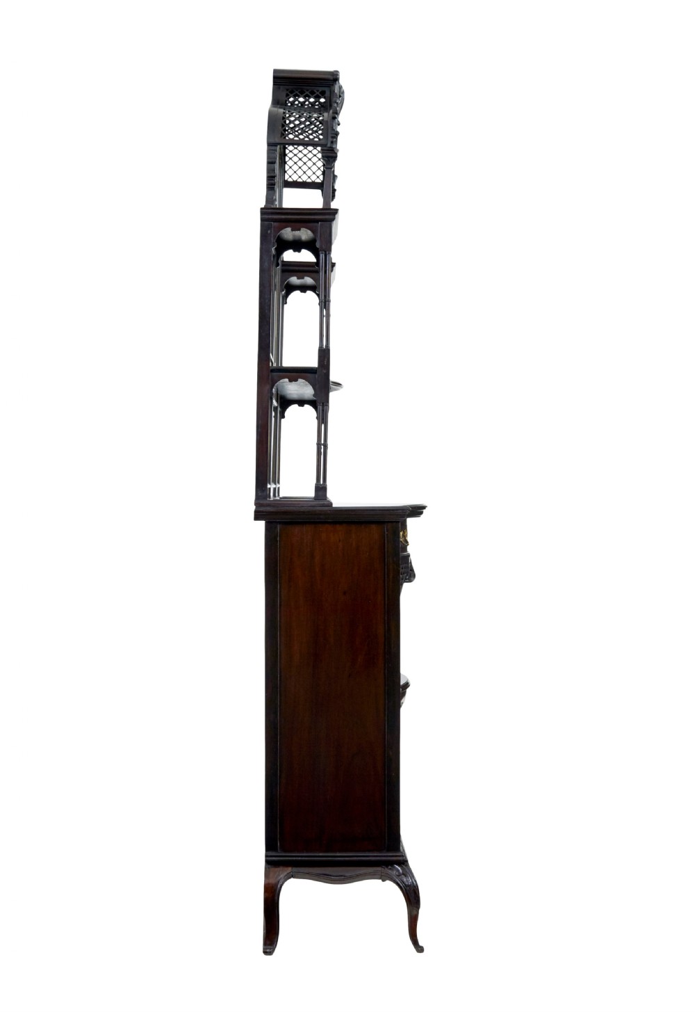 An Edwardian Chippendale Revival dark mahogany display cabinet featuring a multi-paneled mirrored upper section, carved crest, fretwork, and glazed side doors on cabriole legs. View V