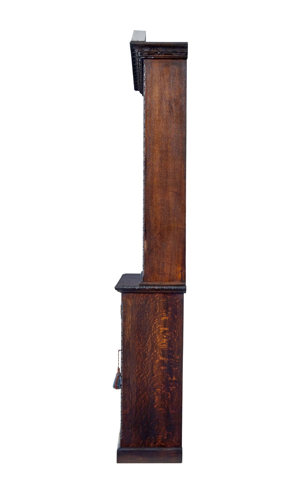 A 19th-century dark oak architectural cabinet featuring an open upper shelf section with a broken pediment crown and lower cupboard doors adorned with floral marquetry inlay. View III