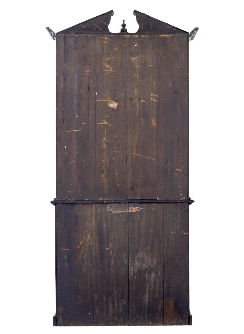 A 19th-century dark oak architectural cabinet featuring an open upper shelf section with a broken pediment crown and lower cupboard doors adorned with floral marquetry inlay. View V