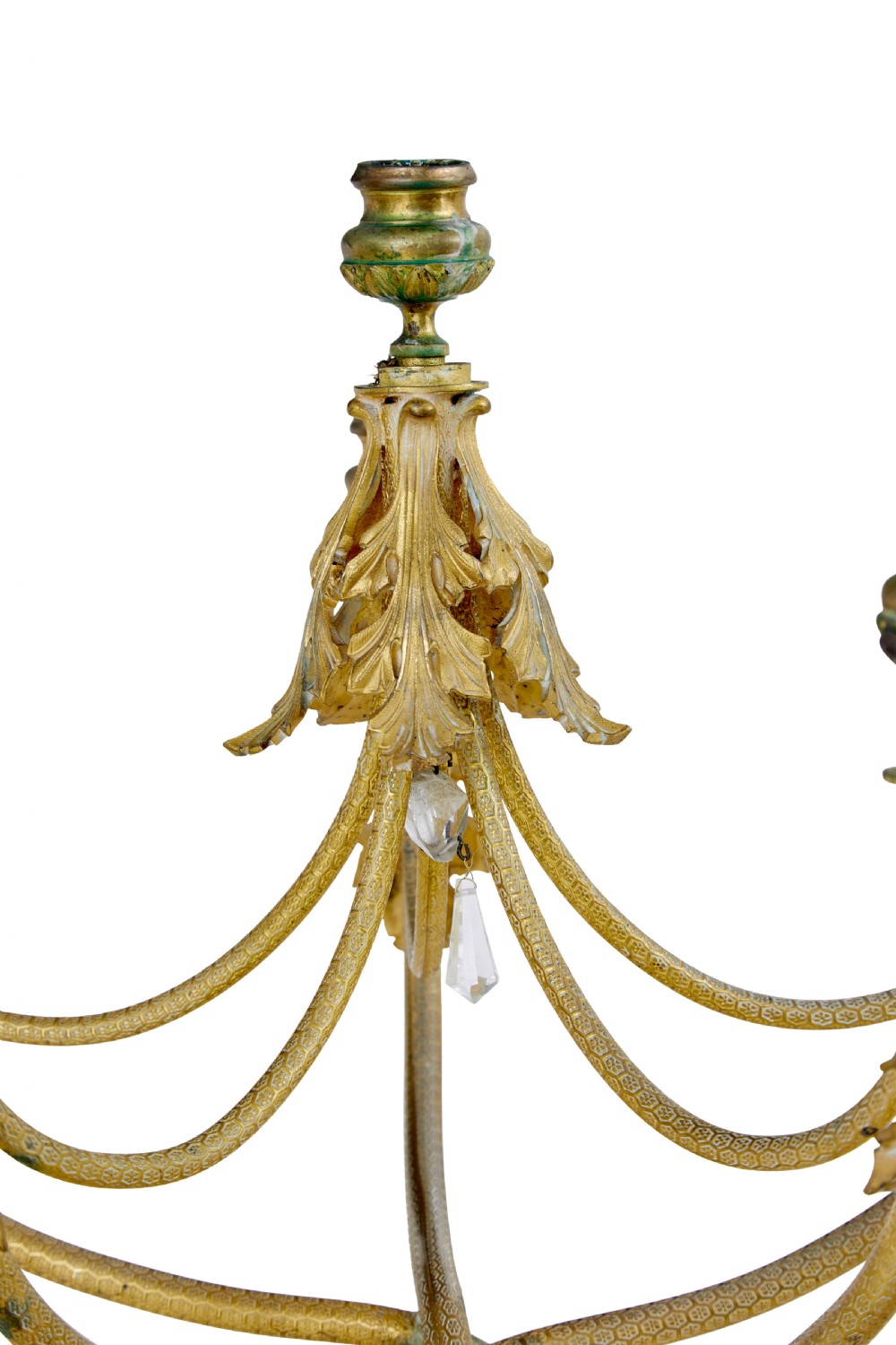 A 19th-century French gilded bronze six-light candelabra featuring curved scroll arms, acanthus leaf embellishments, and a central crystal pendant drop. View III