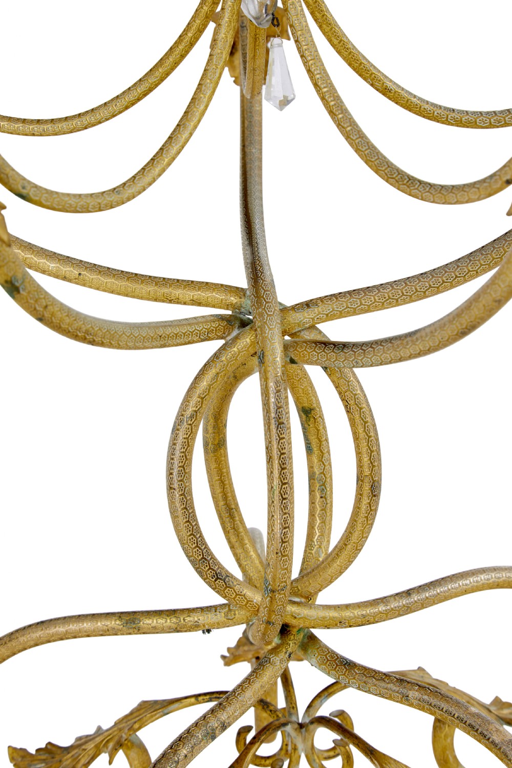 A 19th-century French gilded bronze six-light candelabra featuring curved scroll arms, acanthus leaf embellishments, and a central crystal pendant drop. View IV