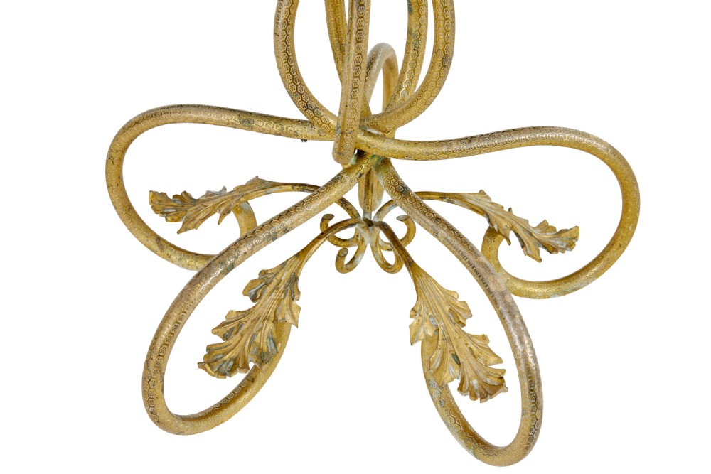 A 19th-century French gilded bronze six-light candelabra featuring curved scroll arms, acanthus leaf embellishments, and a central crystal pendant drop. View V
