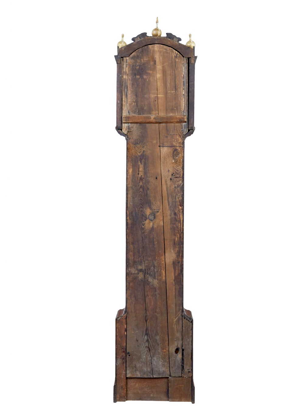 An 18th-century oak longcase clock featuring a brass dial, pediment hood with brass finials, rectangular trunk door, and plinth base. View IV