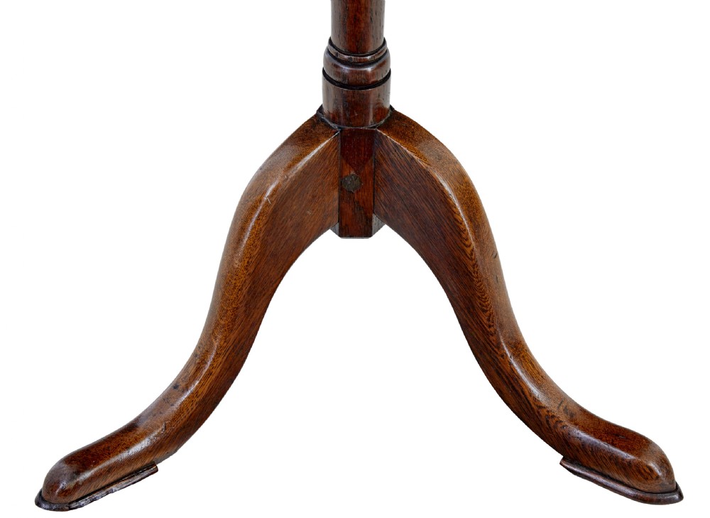 A 19th-century round oak occasional table featuring a geometric inlaid wood top, a turned central pedestal, and three splayed legs. View VII