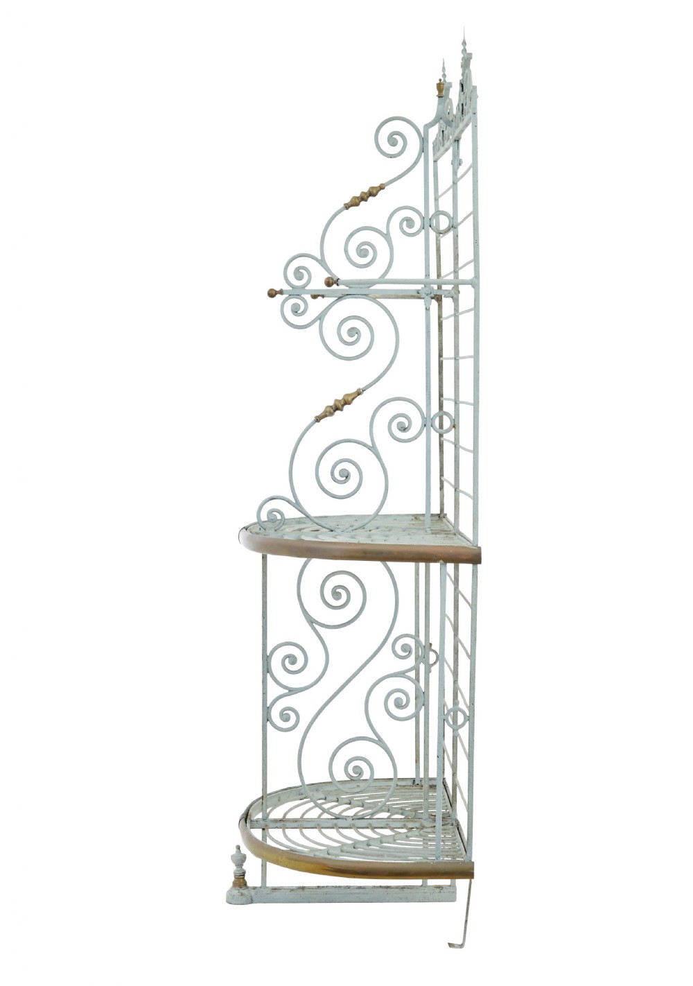 An early twentieth-century French pale blue painted wrought iron bakers rack with decorative scrollwork cresting and brass edging. View III