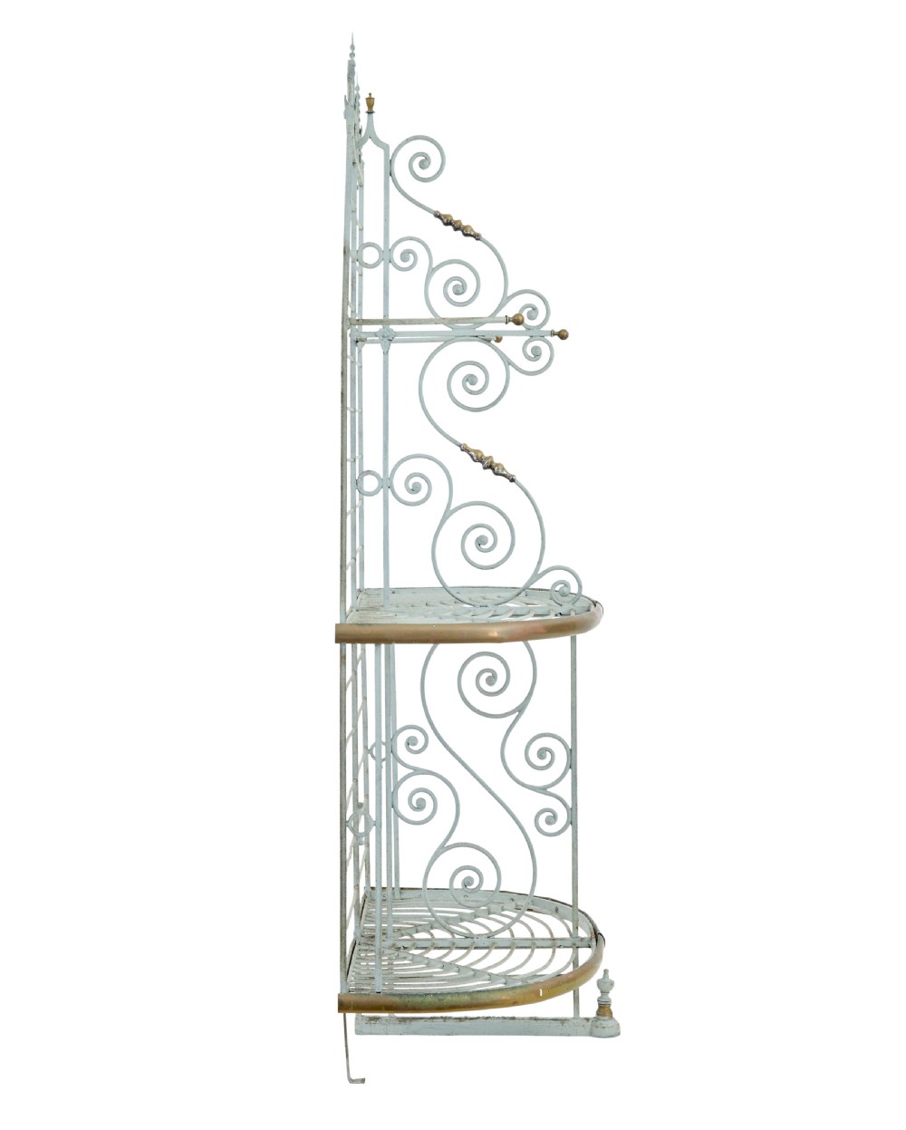 An early twentieth-century French pale blue painted wrought iron bakers rack with decorative scrollwork cresting and brass edging. View VIII