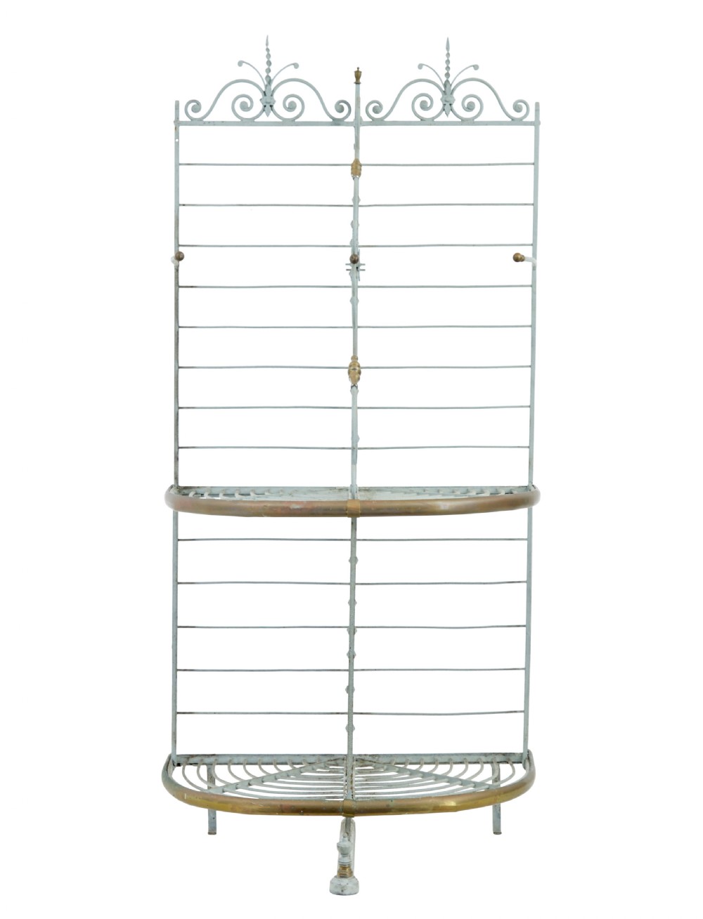 An early twentieth-century French pale blue painted wrought iron bakers rack with decorative scrollwork cresting and brass edging. View IX