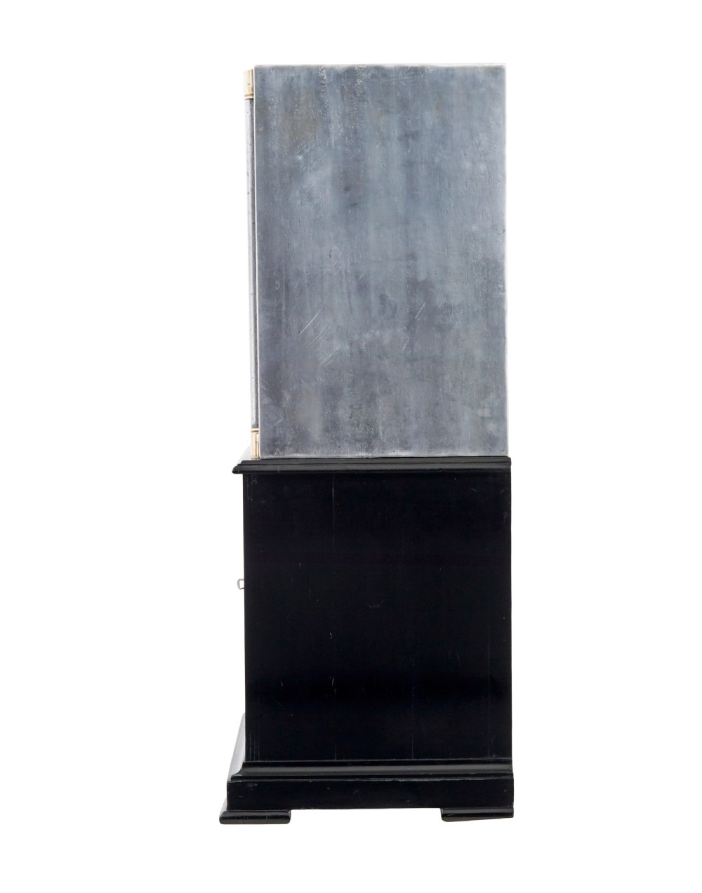 A 19th-century Danish polished steel safe with brass details mounted on a black painted wooden cabinet base. View V