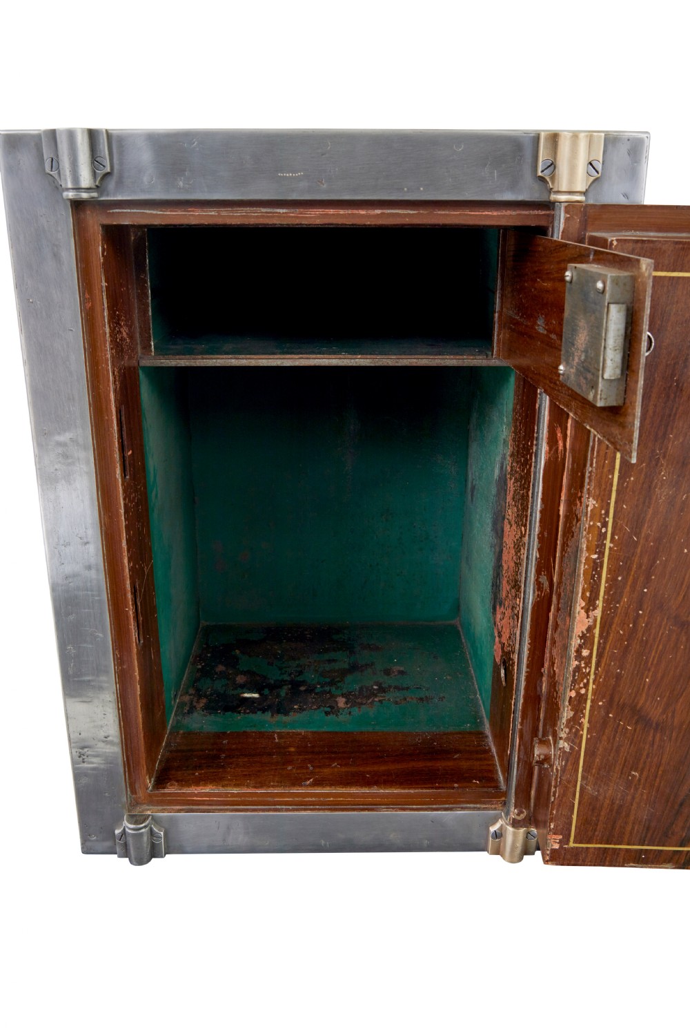 A 19th-century Danish polished steel safe with brass details mounted on a black painted wooden cabinet base. View VIII