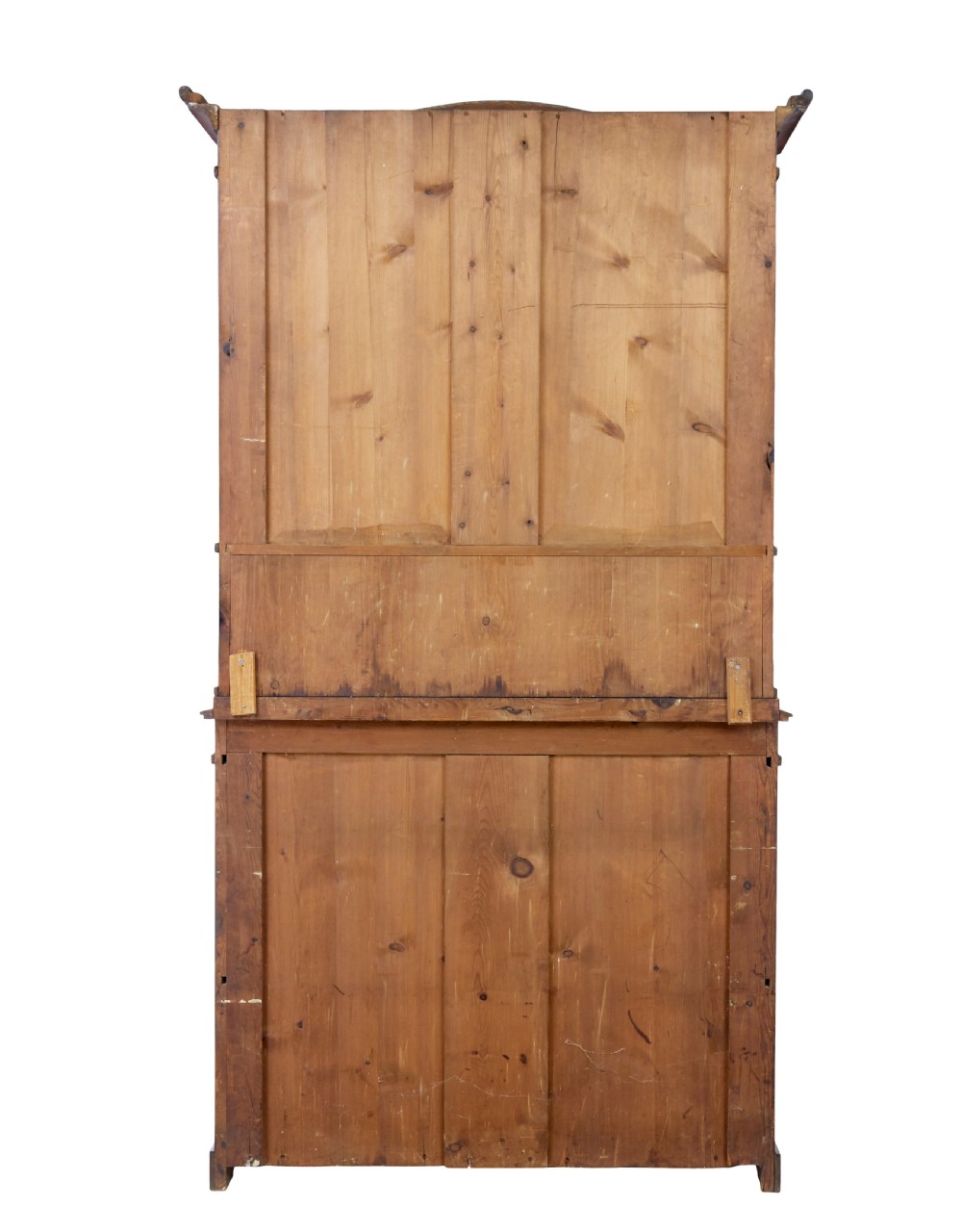 A mid-19th-century Danish flame mahogany tall cabinet featuring a carved cresting pediment, open central niche, and double cupboard doors with moulded panels. View V
