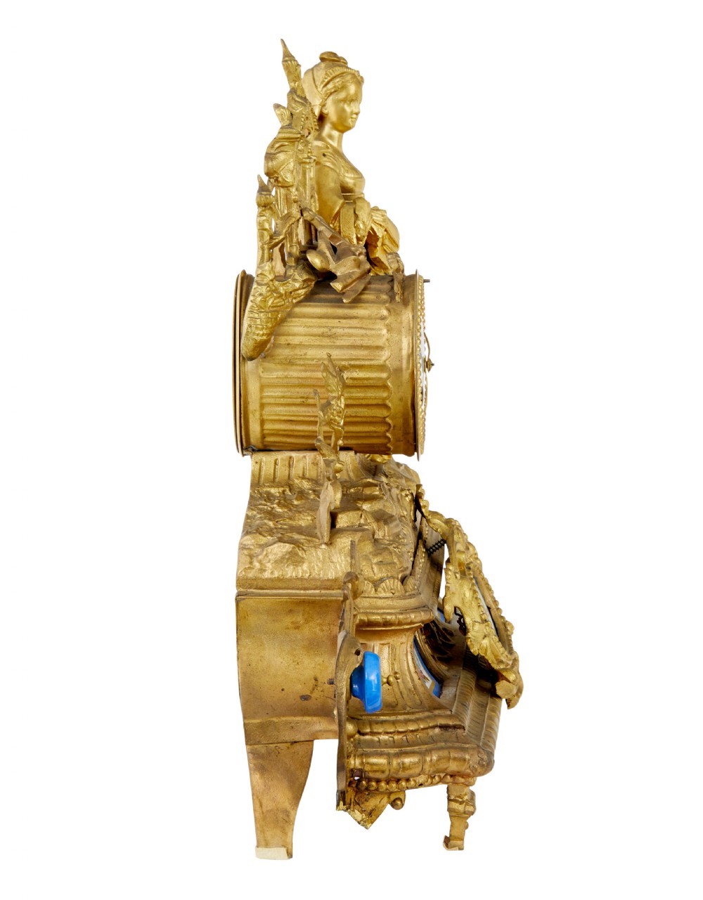 An ornate 19th-century French gilt metal mantel clock featuring a sculpted female figure, Rococo scrollwork, and hand-painted turquoise blue porcelain plaques. View II