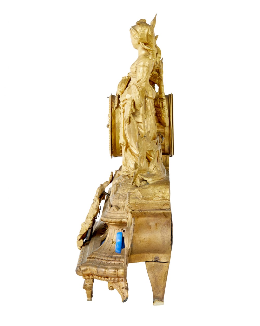 An ornate 19th-century French gilt metal mantel clock featuring a sculpted female figure, Rococo scrollwork, and hand-painted turquoise blue porcelain plaques. View IV