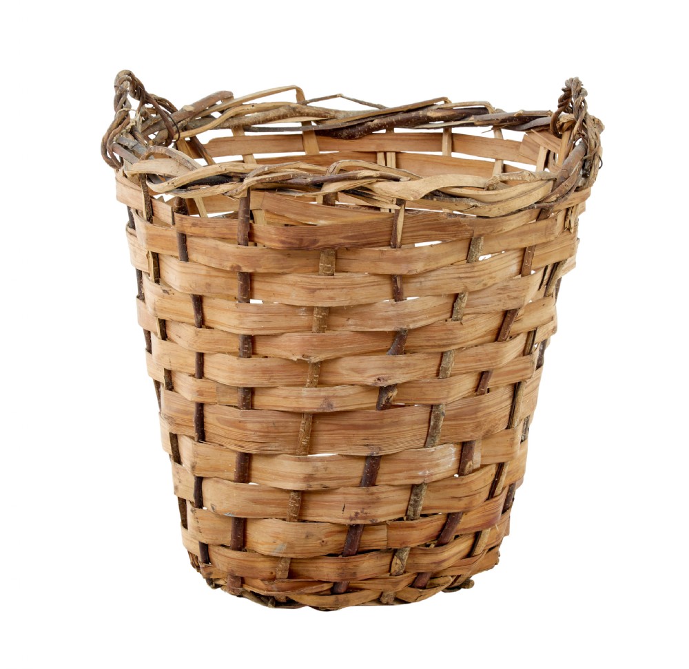A large rustic woven basket crafted from light brown split wood strips featuring integrated loop handles at the top rim.
